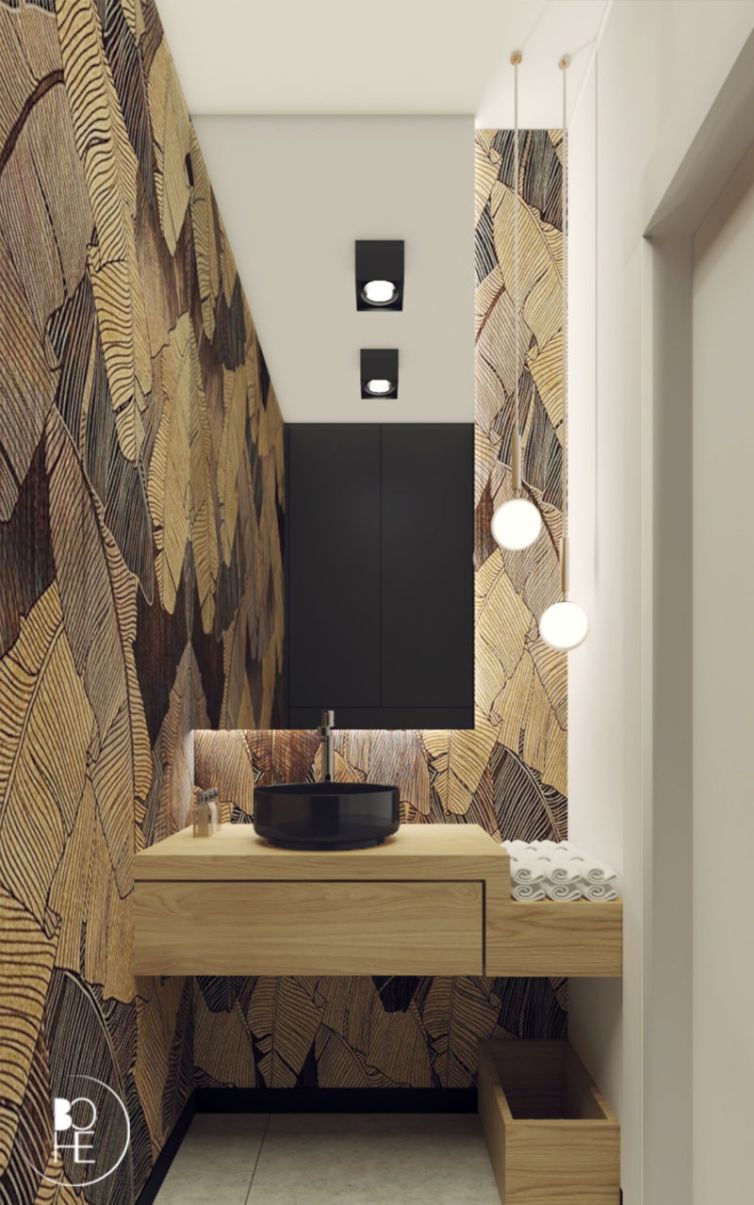 Projekt wnętrza toalety w Warszawie z wykorzystaniem tapety shine od firmy Wonderwall-studio