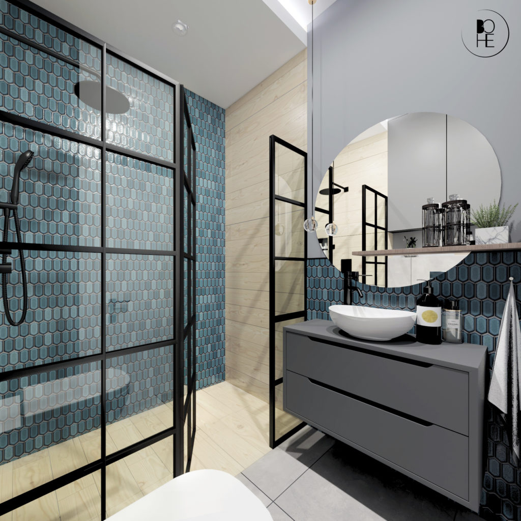 architekt białystok aranżacja łazienki z prysznicem i turkusową mozaiką
