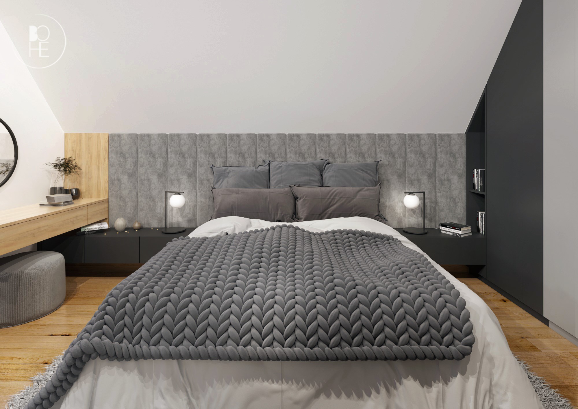 sypialnia z dużym łóżkiem i tapicerowanym zagłówkiem