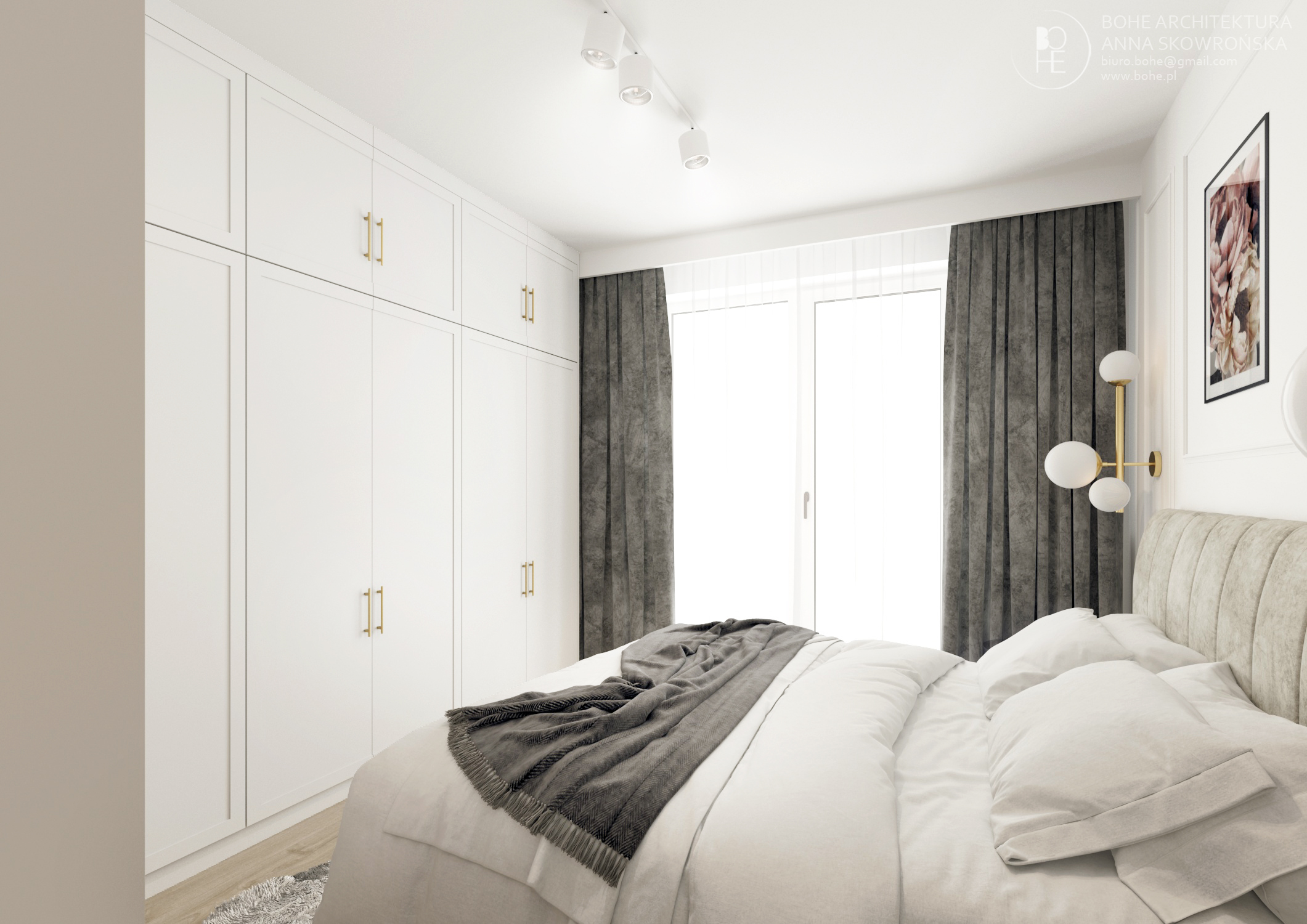 biała sypialnia oświetlenie szynowe szare zasłony duże łóżko biała szafa