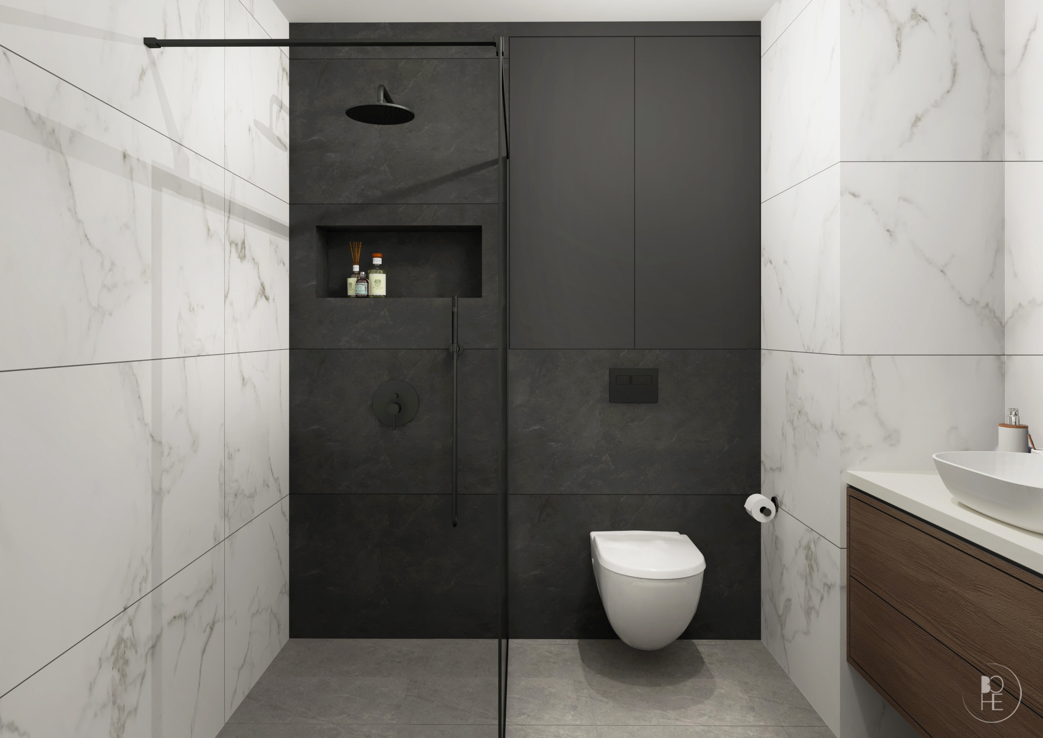 czarno-biała łazienka z dużym prysznicem z czarną armaturą 1