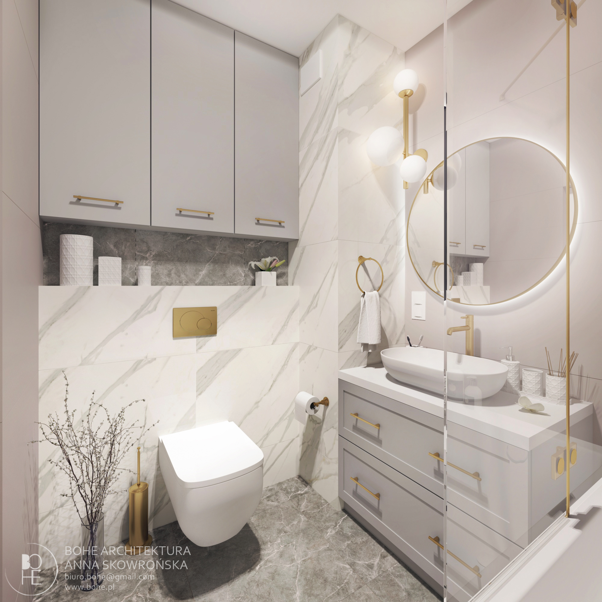 łazienka białe płytki szare szafki złote elementy okragłe lustro