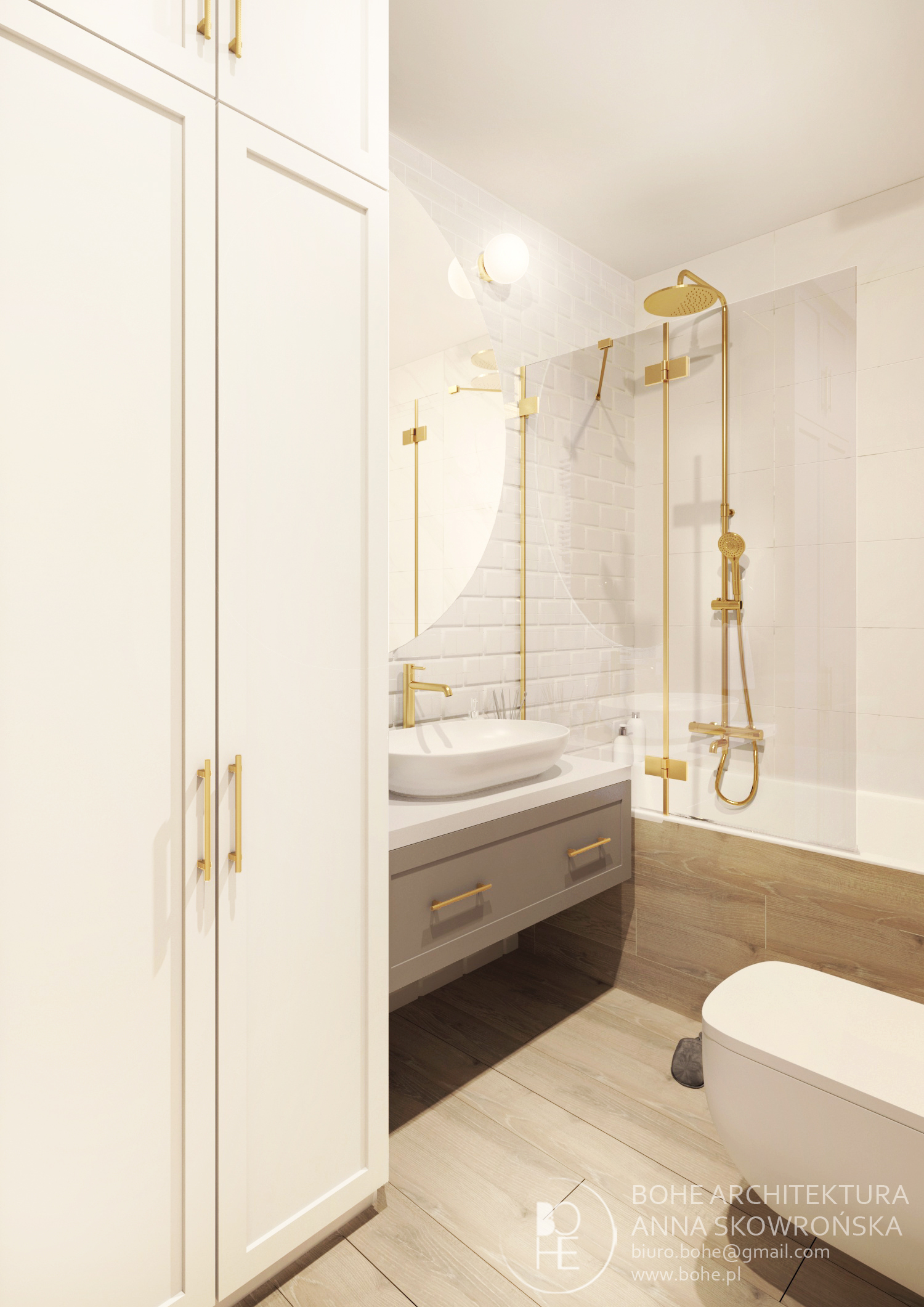 łazienka ze złotą armaturą i białą cegiełką 1