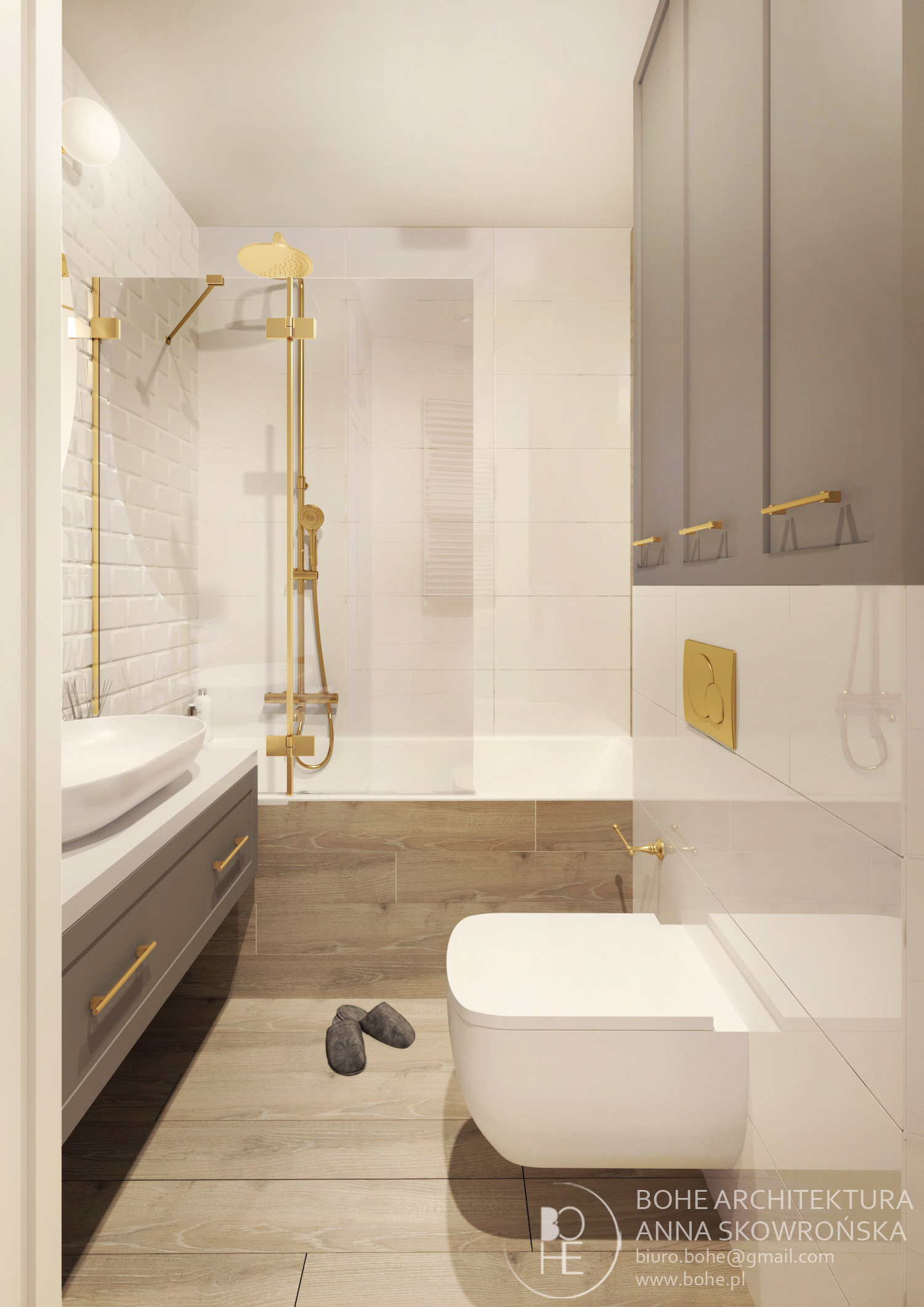 łazienka ze złotą armaturą i białą cegiełką i popielatymi szafkami 1