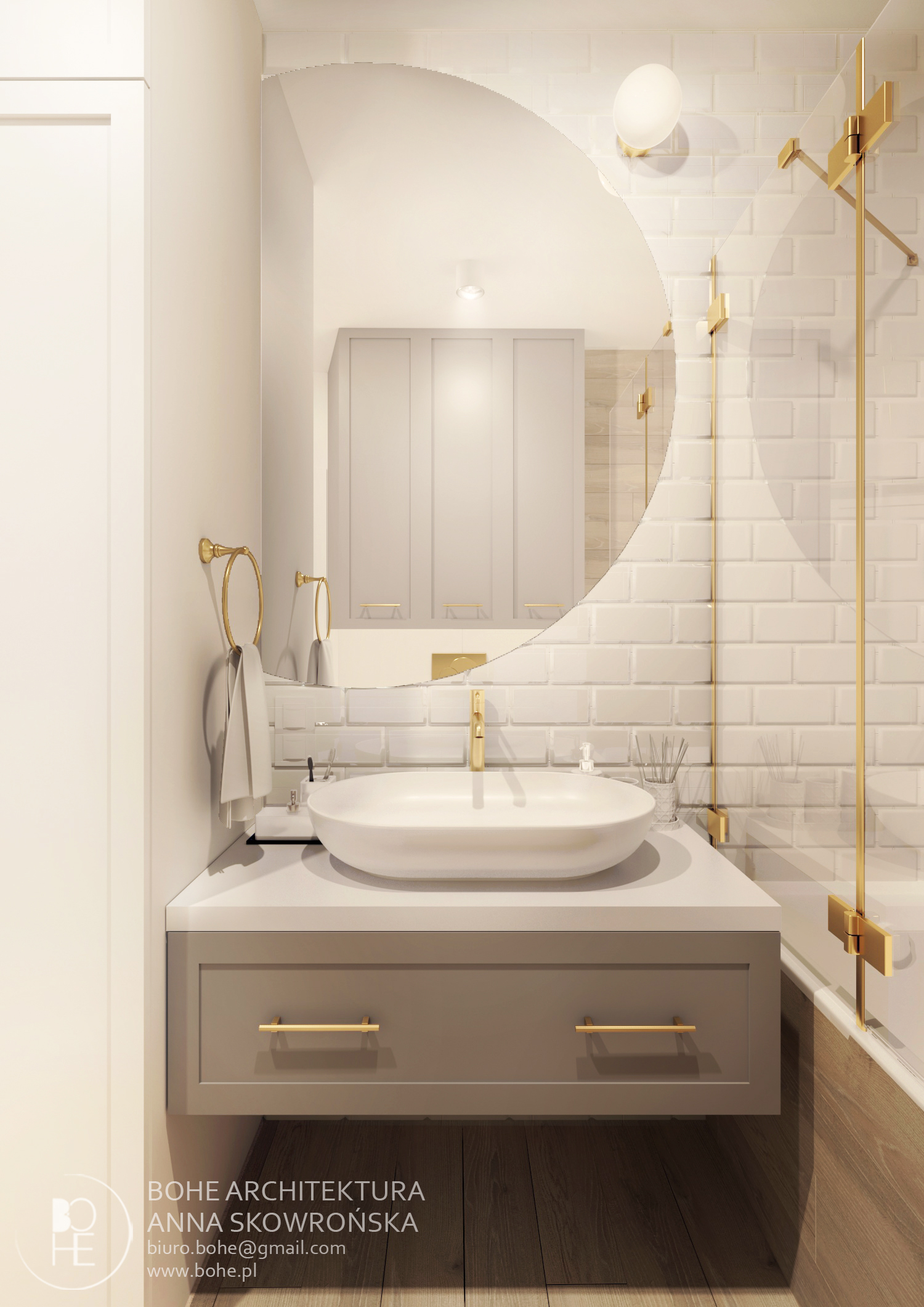 łazienka ze złotymi elementami i białą cegiełką okrągłe lustro 1
