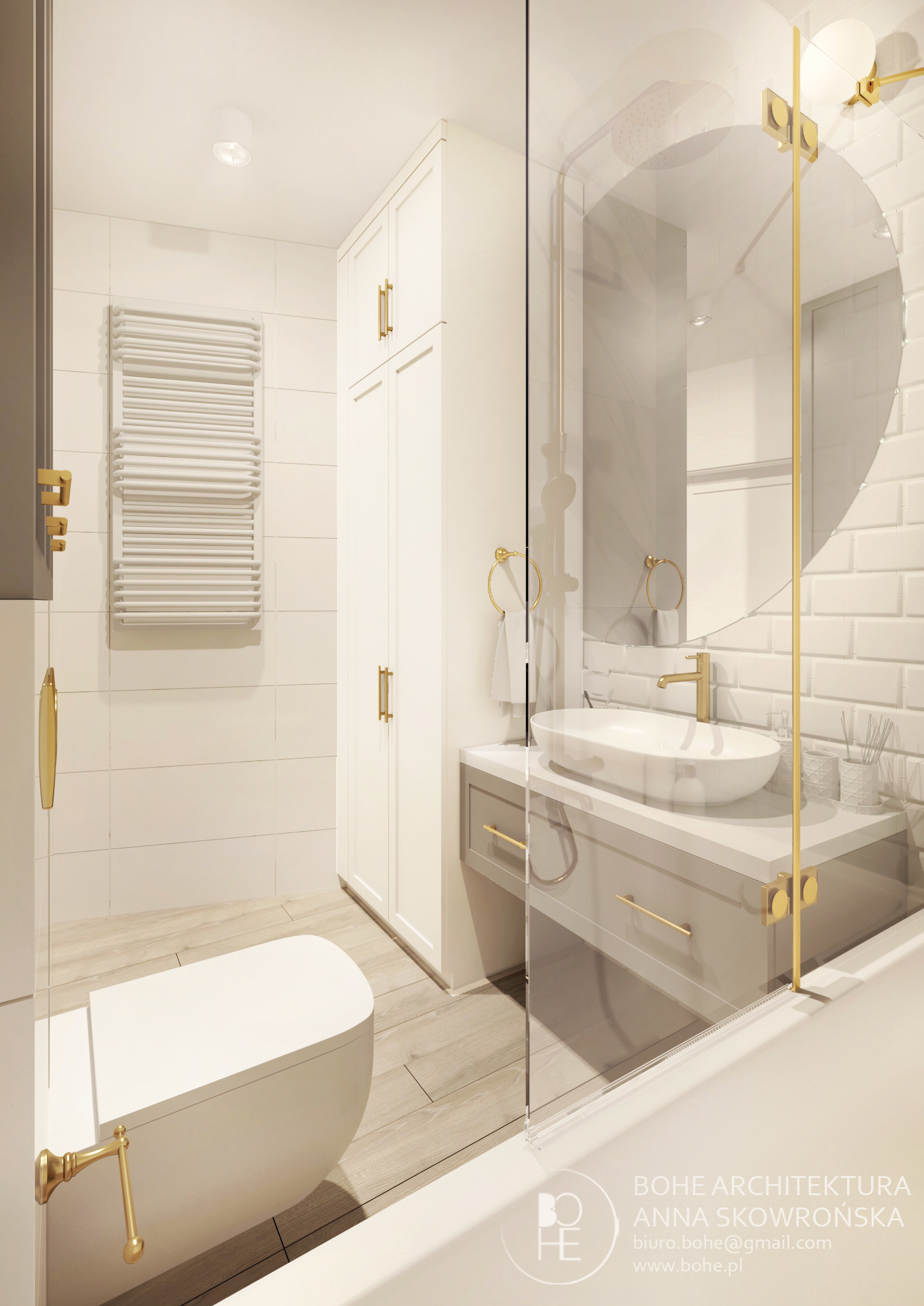 łazienka ze złotymi elementami i białą cegiełką okrągłe lustro biała szafa