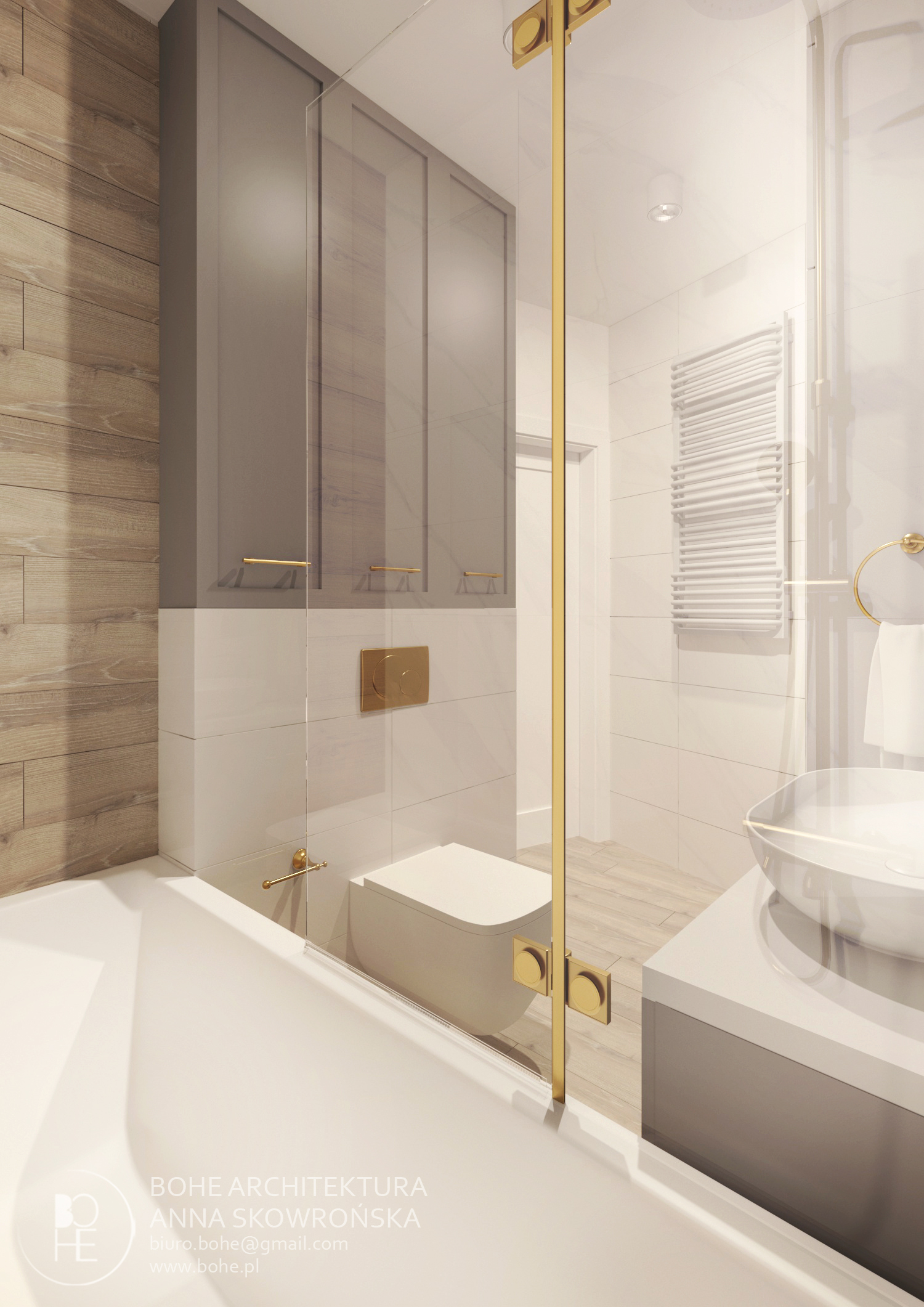 łazienka ze złotymi elementami i białą cegiełką wanna ze szklanym parawanem