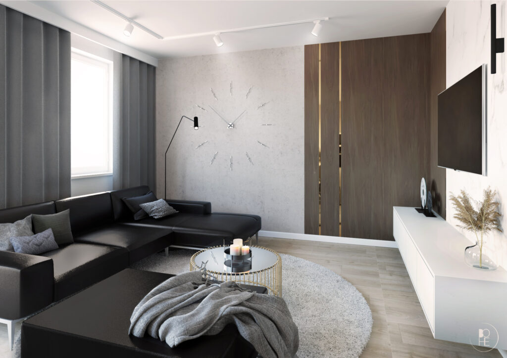 projekt salony w drewnie bieli z popielatymi zasłonami białym oświetleniem szynowym i czarną sofą
