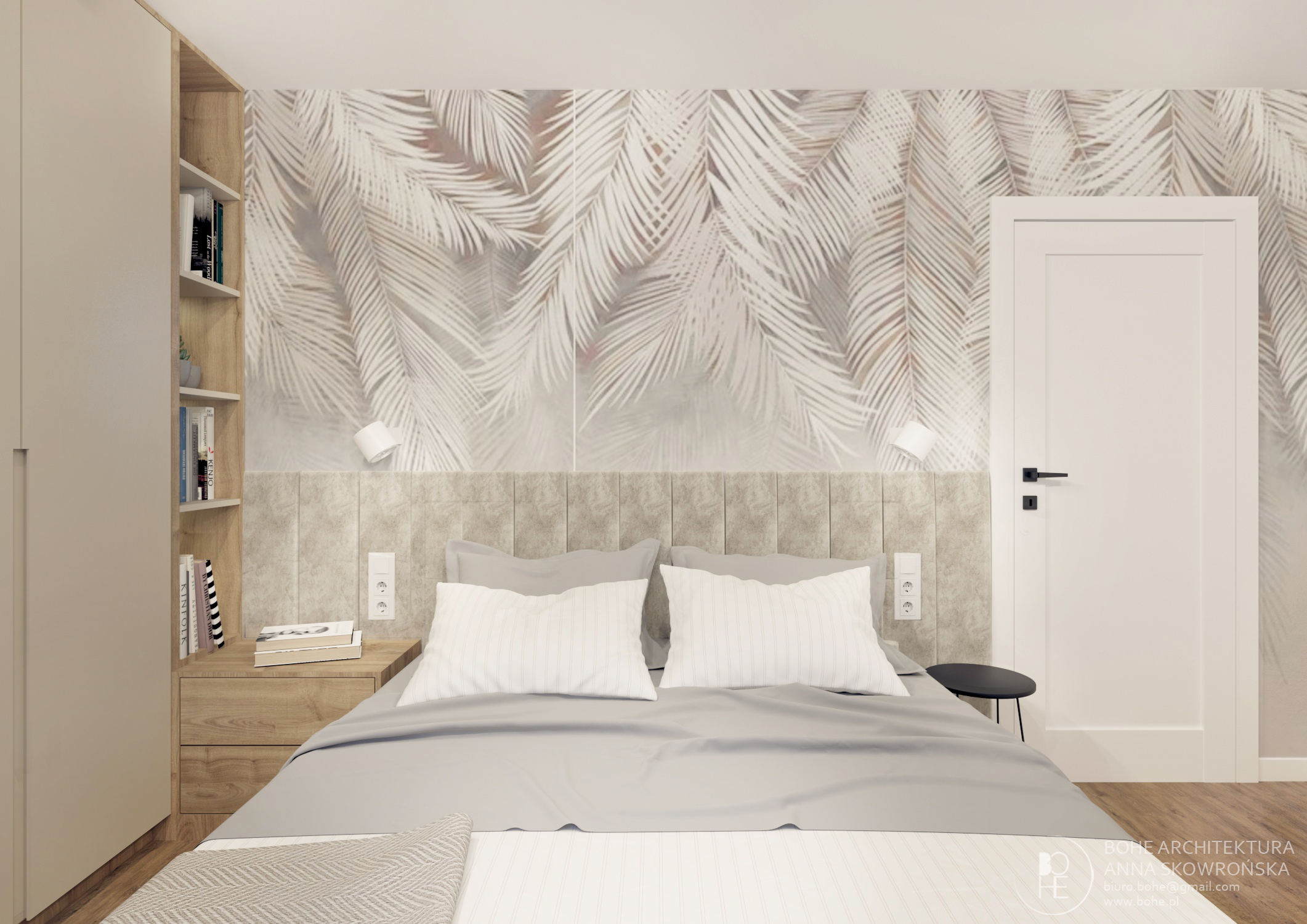 projekt jasnej sypialni tapeta białe palmowe liście duża jasna szafa