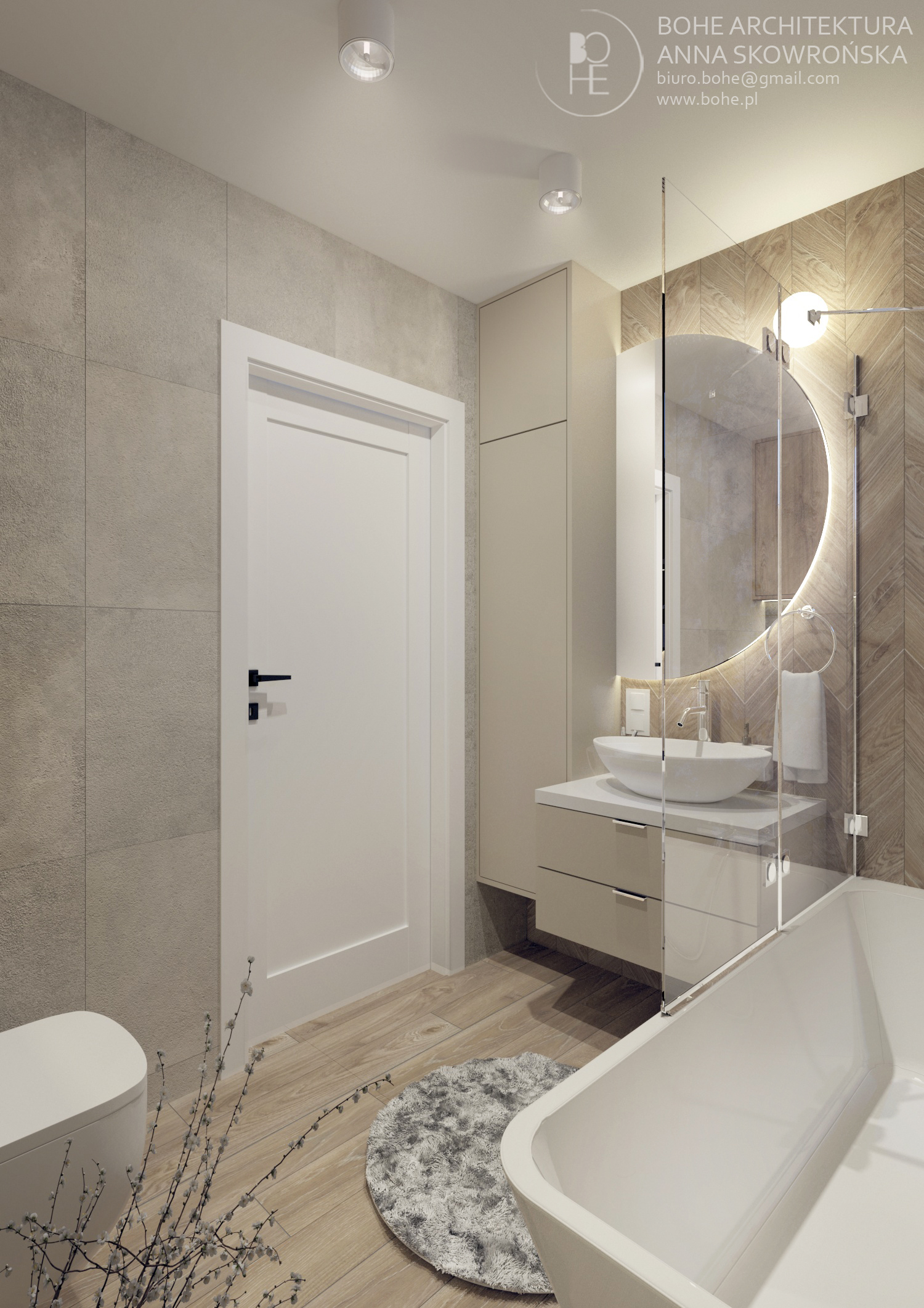 projekt łazienki z białymi drzwiami podświetlanym okrągłym lustrem i wanną z parawanem