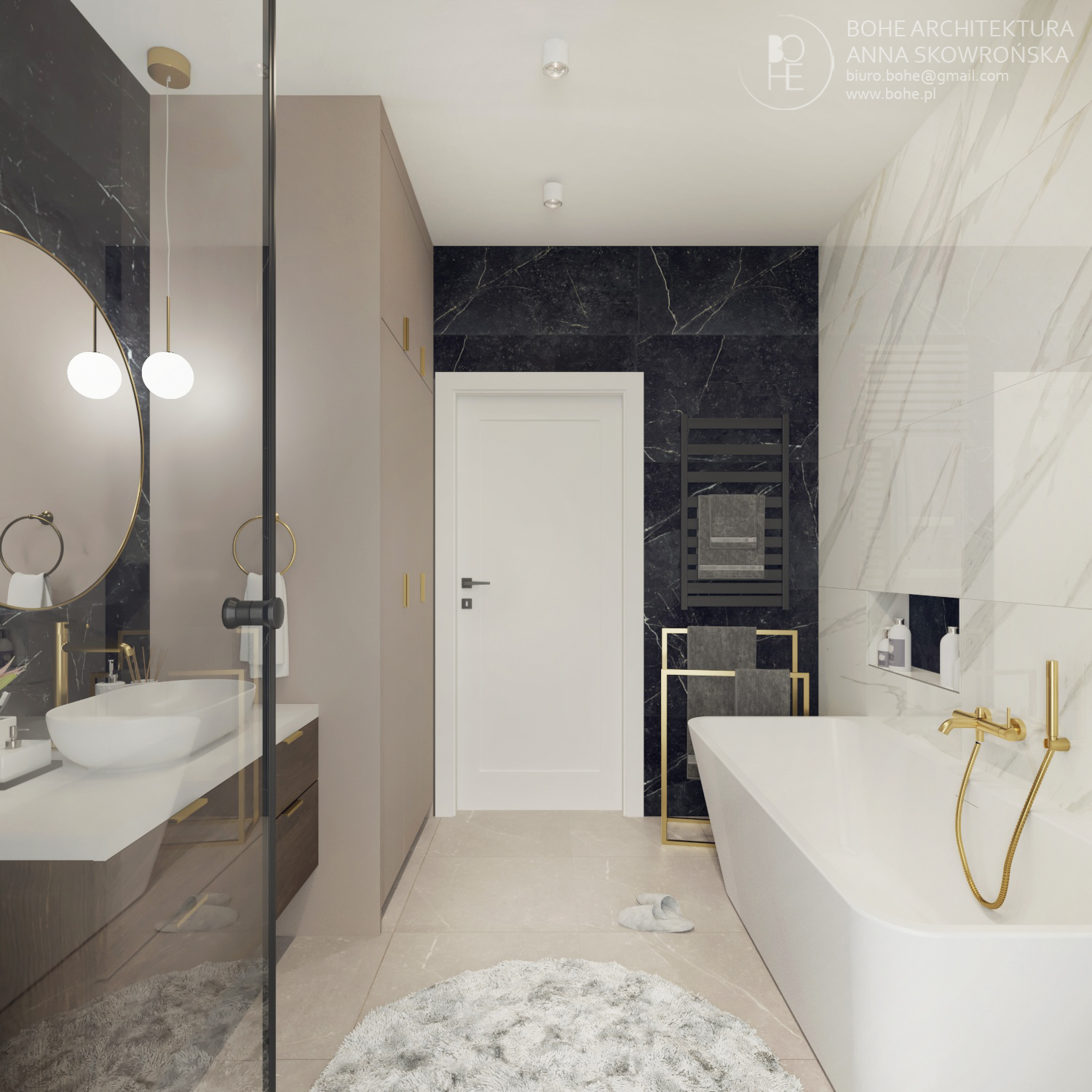 projekt łazienki z dużym okrągłym lustrem ze złotą ramką wanną prysznicem