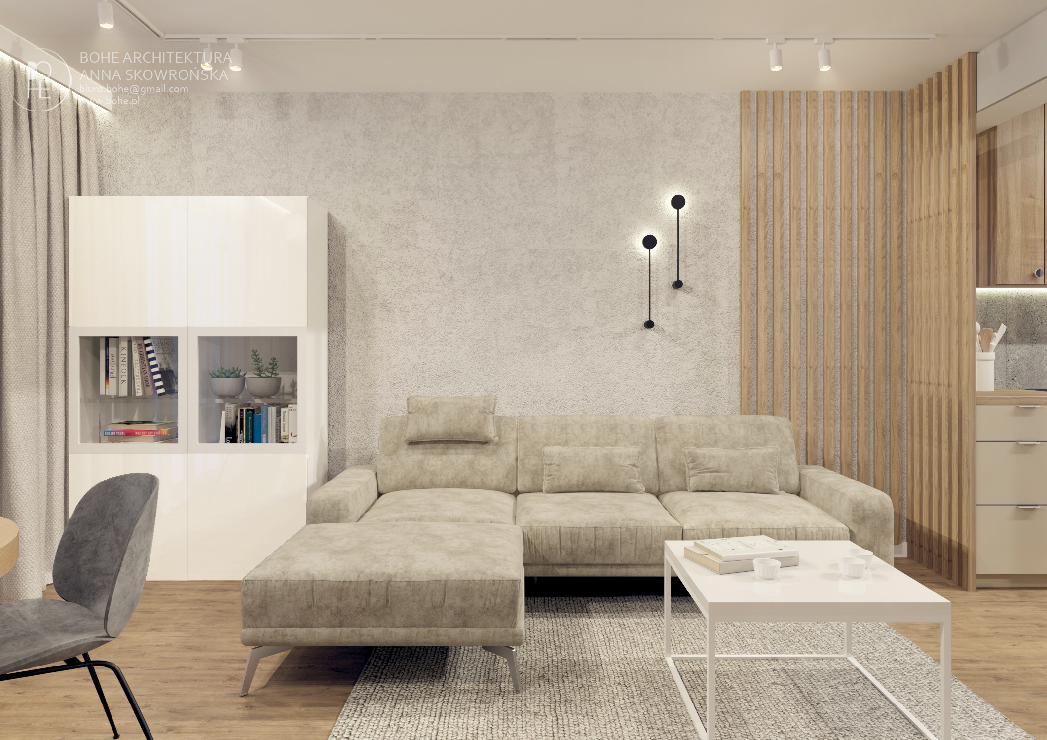 projekt salonu architekt białystok jasna sofa jasny dywan drewniane jasne lamele na ścianie czarne lampy