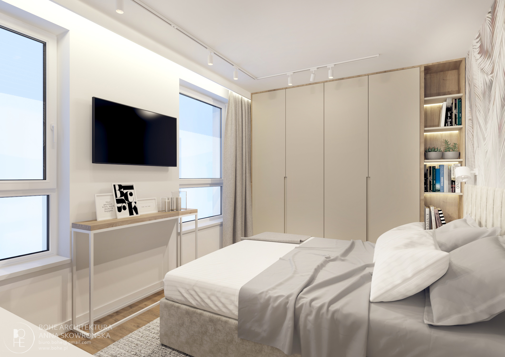 projekt sypialni architekt wnętrz białystok jasne barwy duża szafa czarny telewizor na ścianie