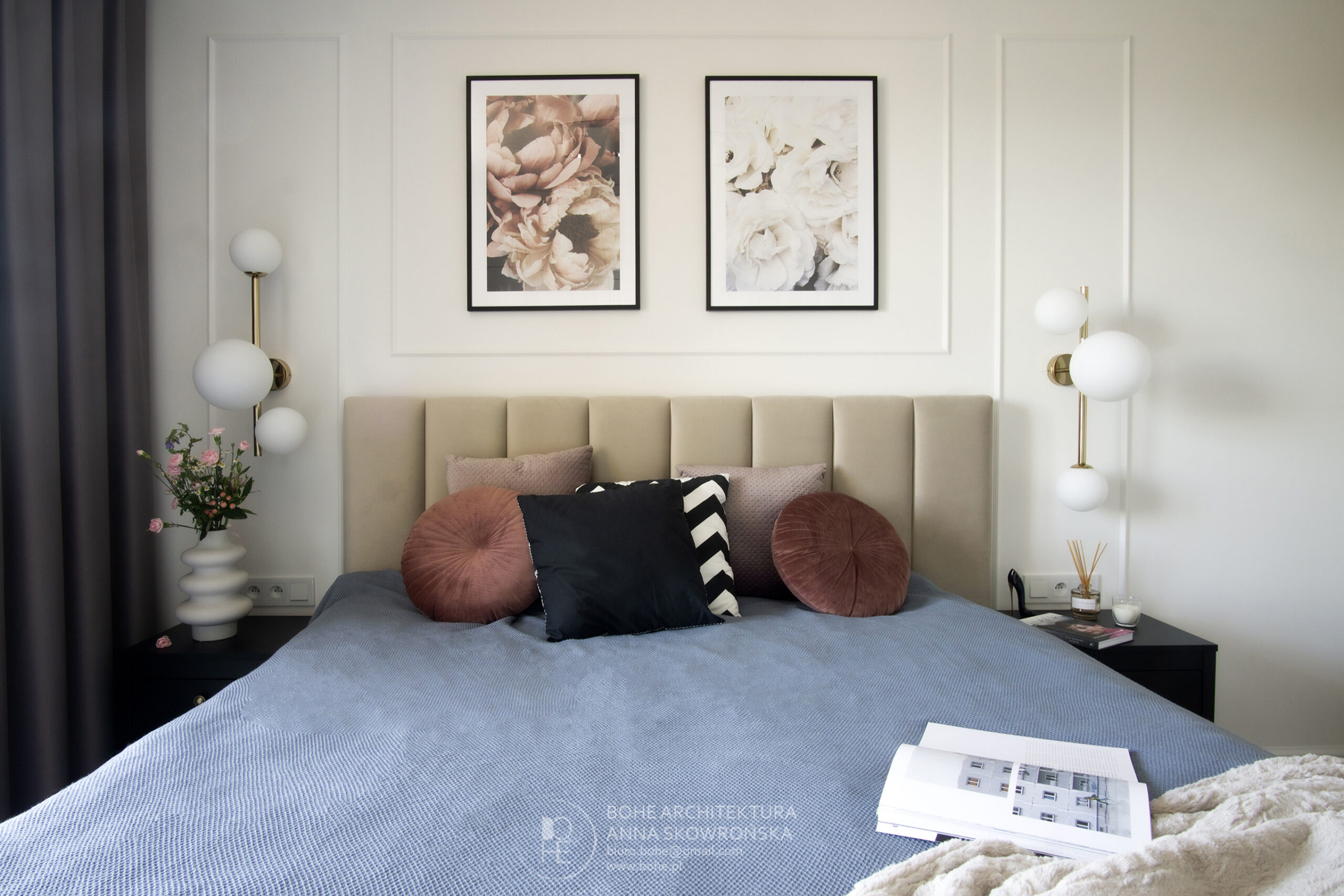 projekt sypialni ze sztukaterią w jasnych barwach architekt wnętrz białystok