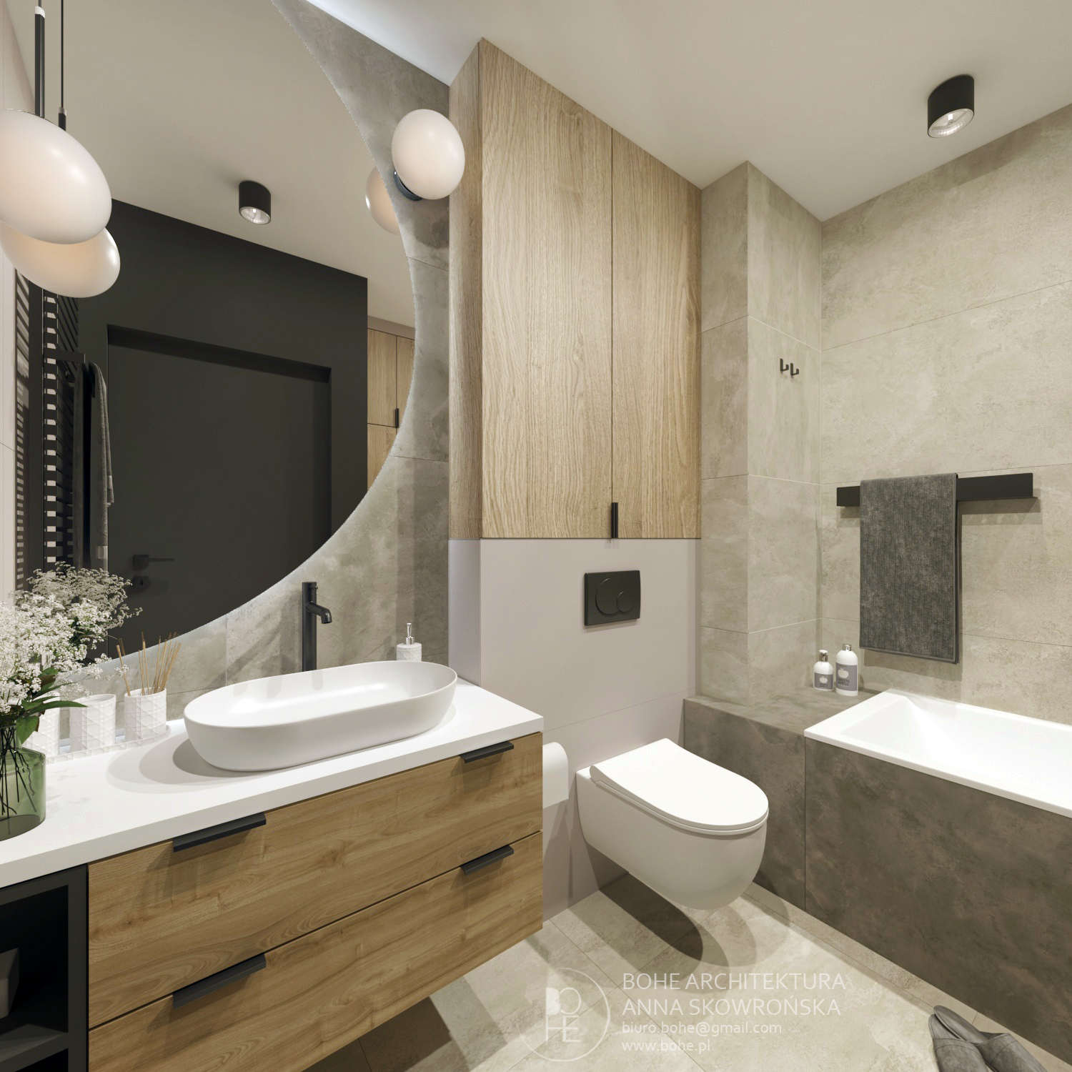 łazienka z dużymi szarymi płytkami drewniane fronty szafek toaleta kinkiet lampa wisząca architekt wnętrz białystok