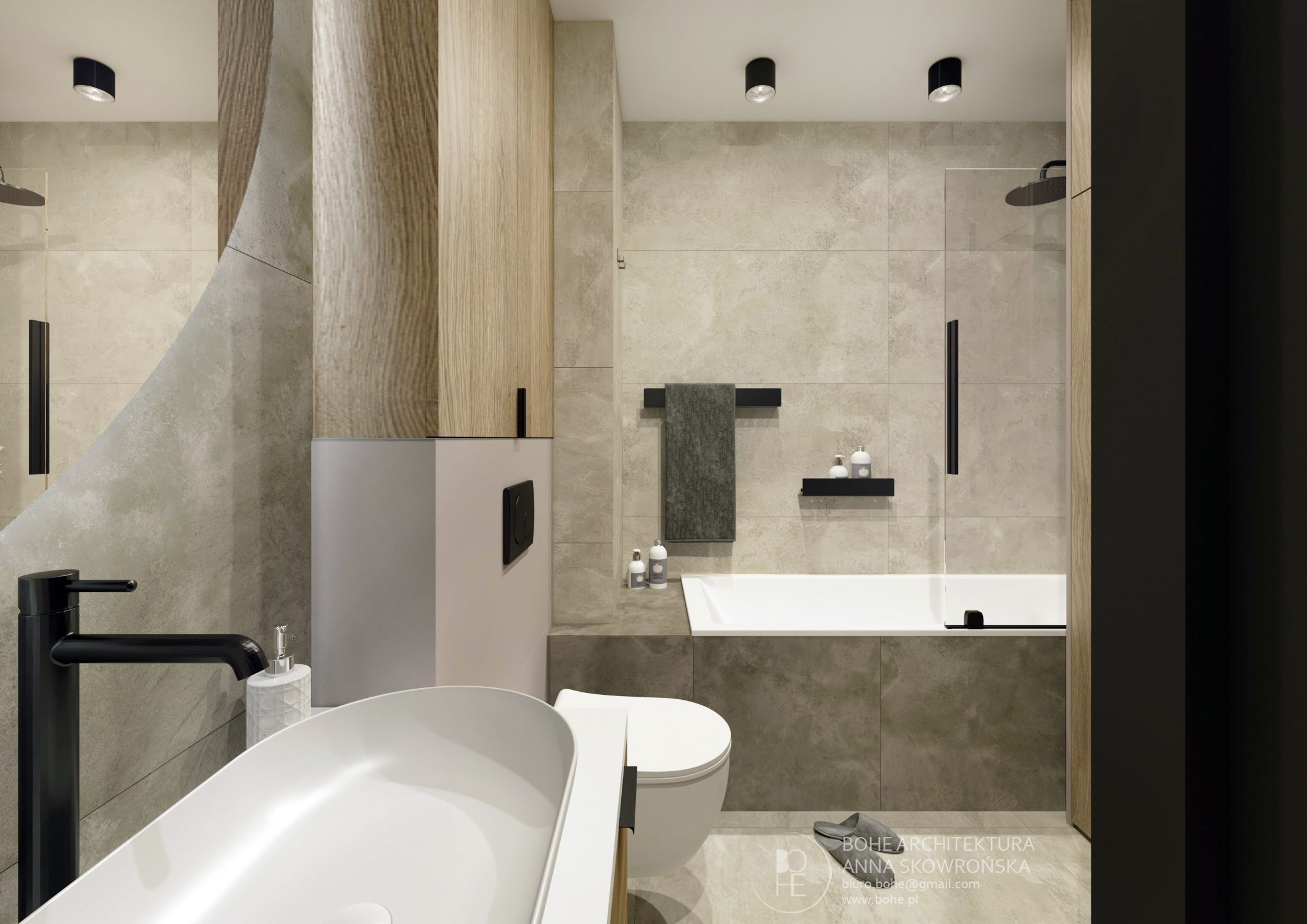 projekt dużej łazienki okrągłe docięte lustro czarna armatura biała toaleta szyba prysznicowa przy wannie