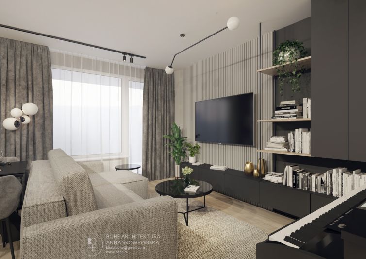 projekt salonu z popielatą sofą panelami ściennymi i minimalistyczną czarną lampą architekt wnętrz białystok