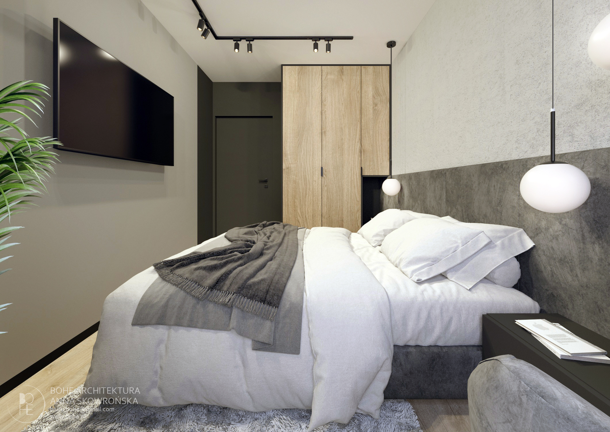 sypialnia czarne szynoprzewody szafa z drewnianymi frontami tynk dekoracyjny duży telewizor