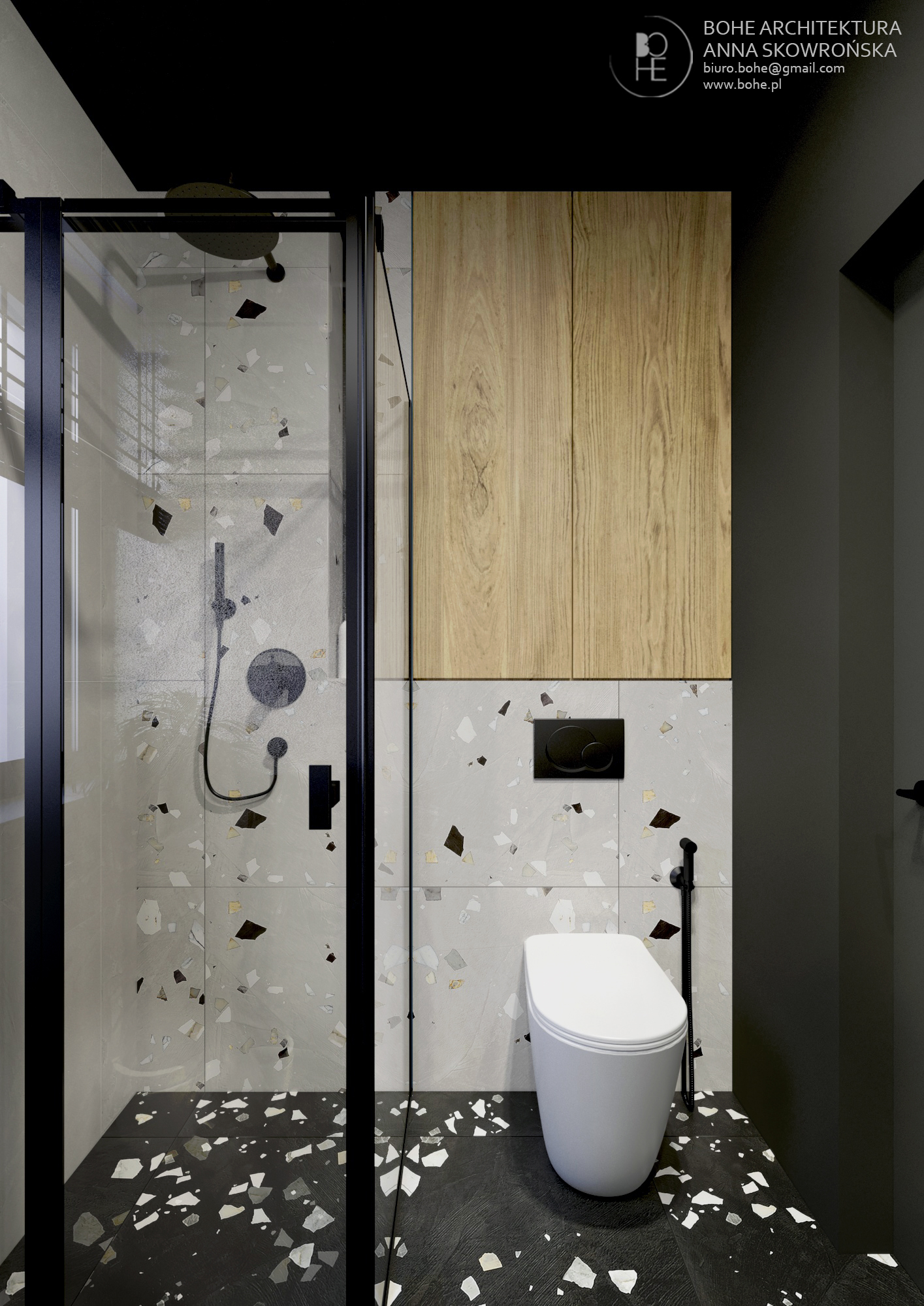 ciemna łazienka z lastryko prysznic z odpływem liniowym czarna bidetta architekt wnętrz Białystok 3