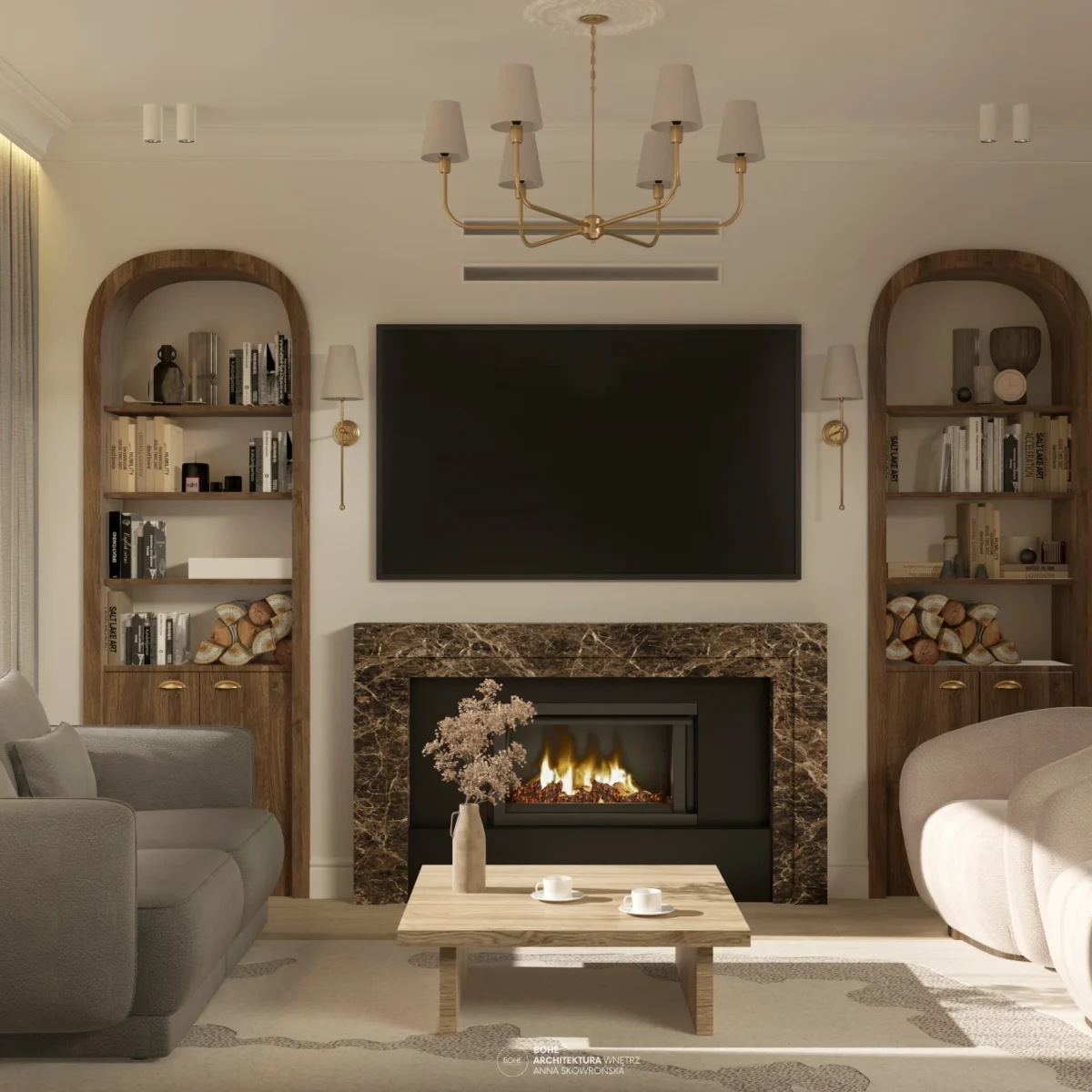 2 architekt wnętrz białystok dom w stylu modern farmhouse z kominkiem i regałami