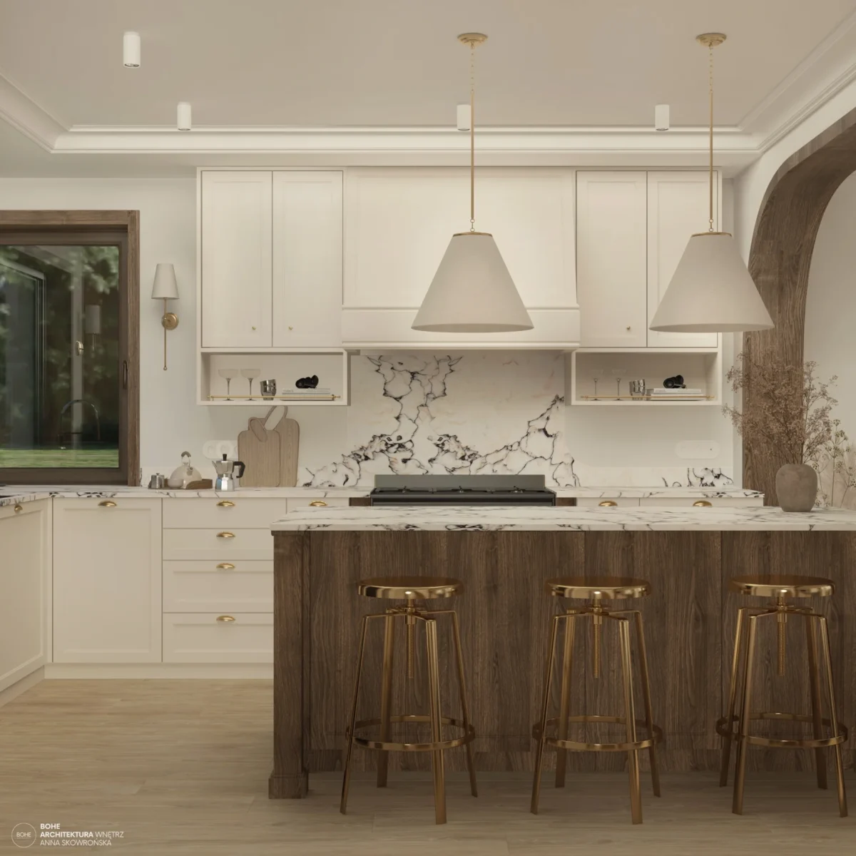 7 architekt wnętrz białystok dom w stylu modern farmhouse z dużą drewnianą wyspą i kamiennym blatem