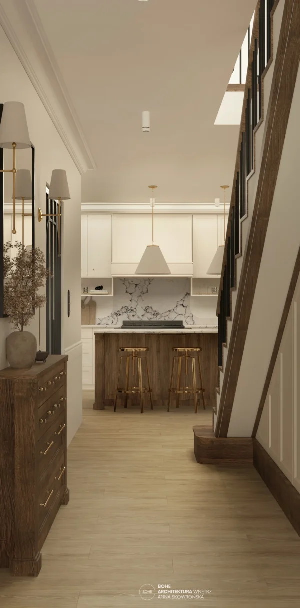 8 architekt wnętrz białystok dom w stylu modern farmhouse z szafą pod schodami i sztukaterią